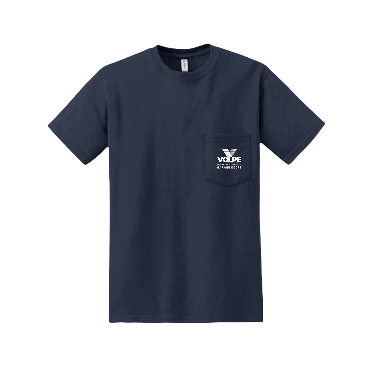 A navy blue short-sleeve crewneck pocket t-shirt with a white printed logo on the left chest pocket, displayed against a solid white background.