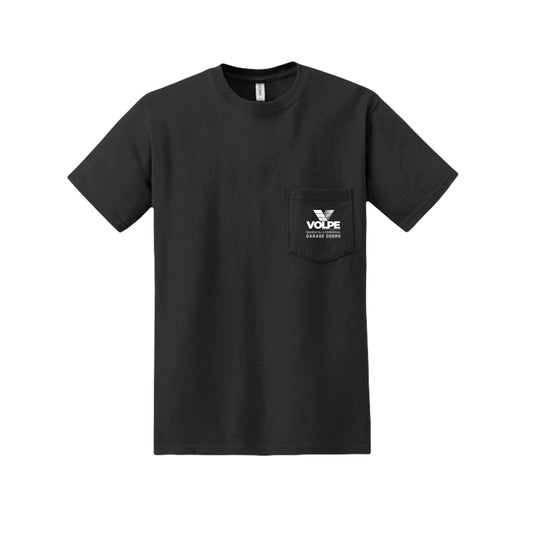 A black short-sleeve crewneck pocket t-shirt with a white printed logo on the left chest pocket, displayed against a solid white background.