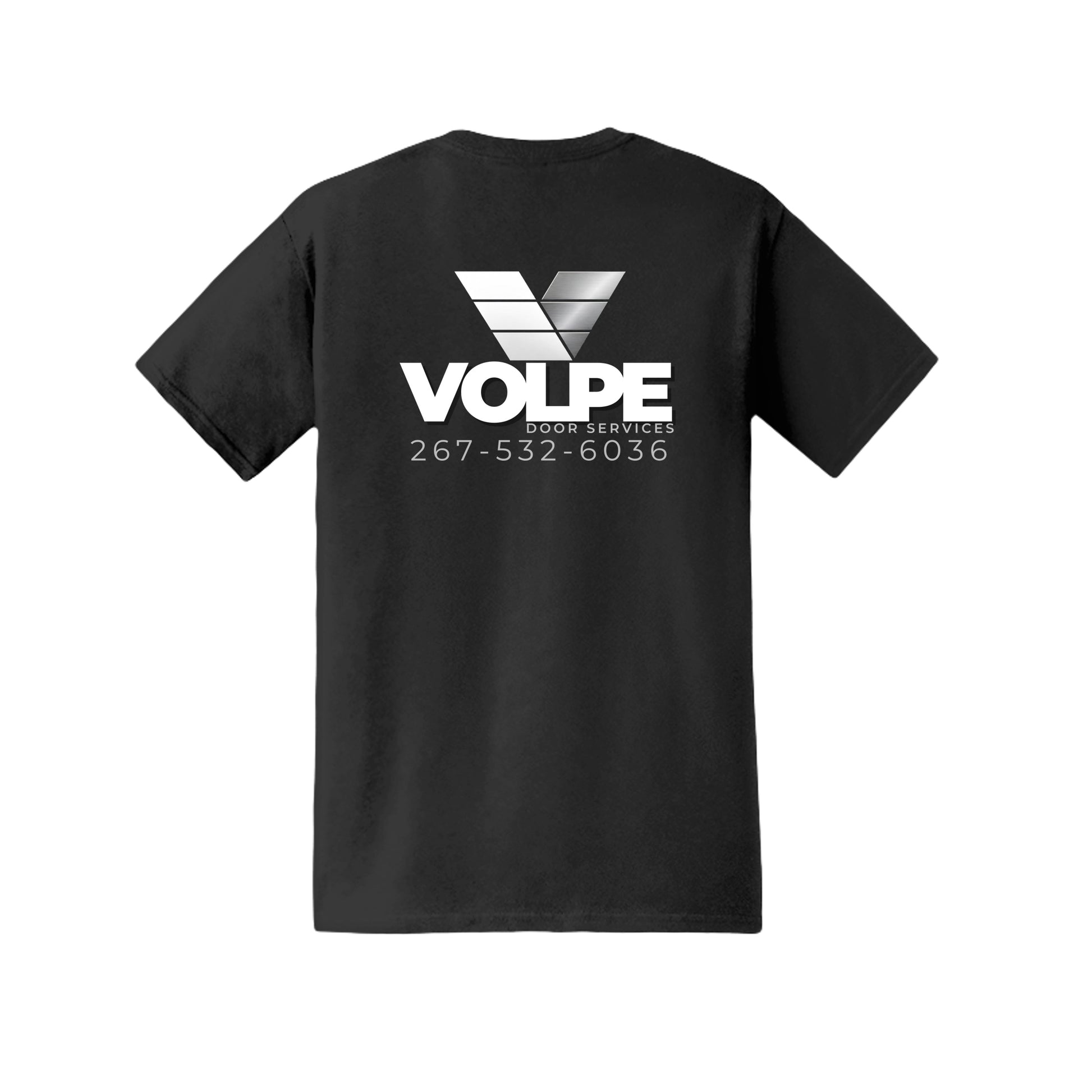 A black short-sleeve t-shirt shown from the back, featuring a white and gray VOLPE logo with 'DooS Services' and a phone number printed on the center back.