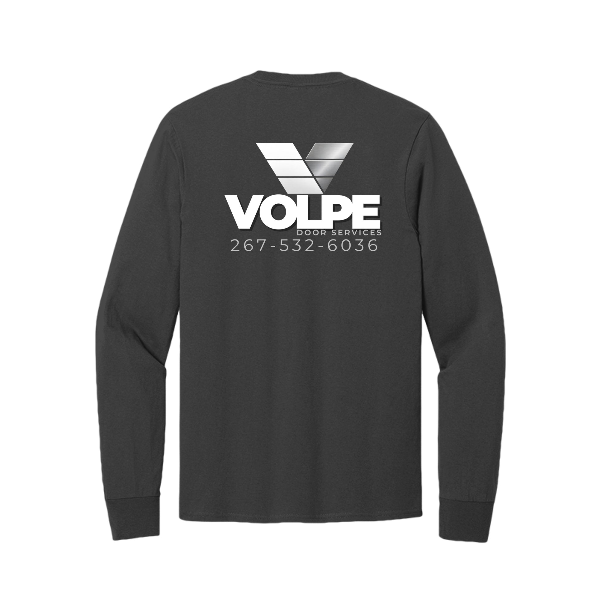 A dark charcoal gray long-sleeve t-shirt shown from the back, featuring a white and silver graphic print of the brand 'VOLPE FOOD & WINE' with a stylized 'V' logo and phone number.