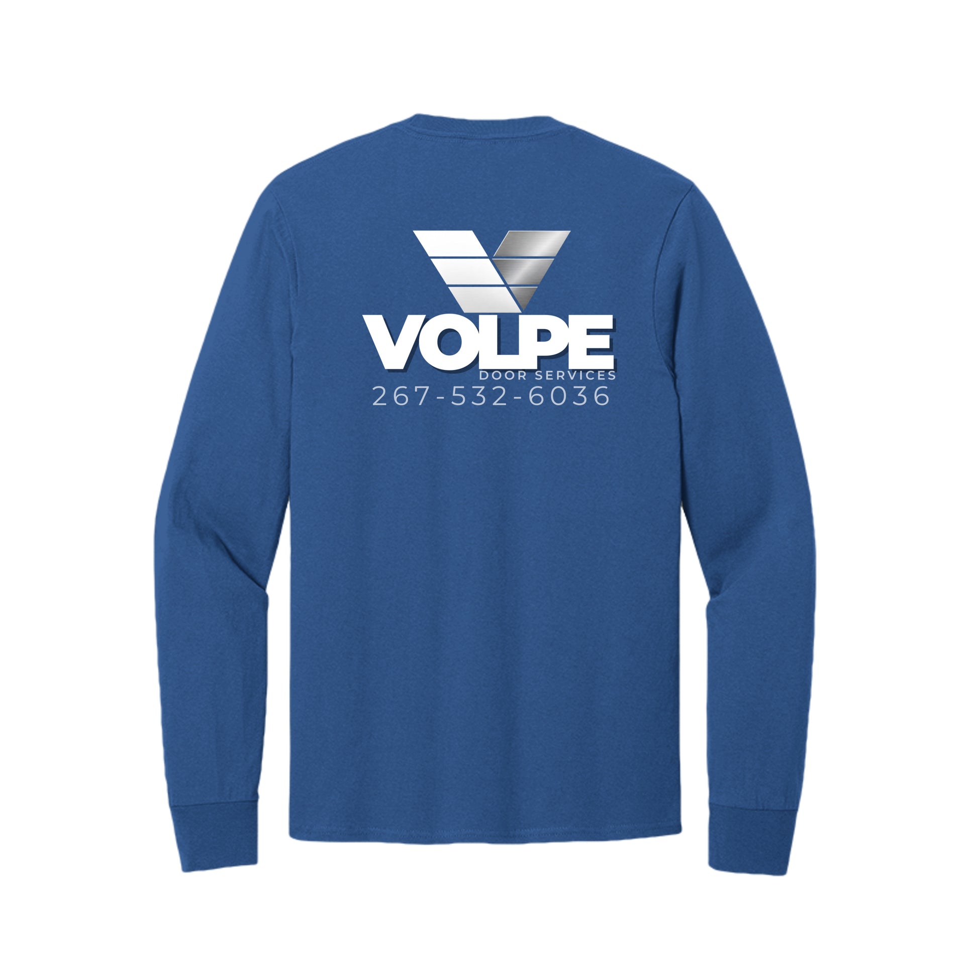 A royal blue long-sleeve t-shirt shown from the back, featuring a large white and silver VOLPE graphics print on the upper back.