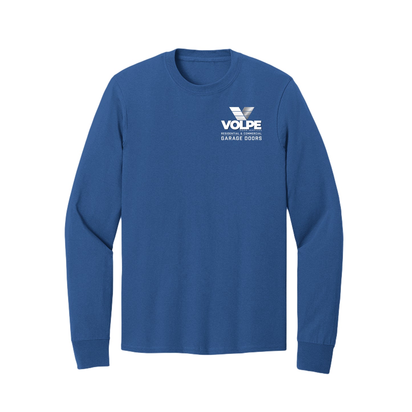 A royal blue long-sleeve crewneck t-shirt with a white 'VOLPE GARAGE DOORS' logo printed on the left chest, displayed on a clean white background.