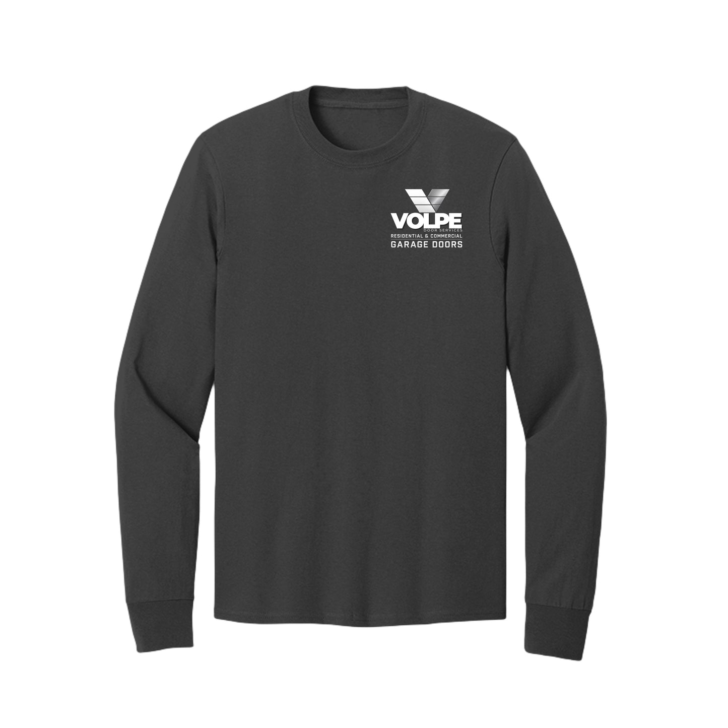 A dark charcoal gray long-sleeve t-shirt with a white printed 'VOLPE GARAGE DOORS' logo on the left chest, displayed on a clean white background.