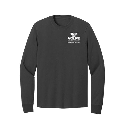 A dark charcoal gray long-sleeve t-shirt with a white printed 'VOLPE GARAGE DOORS' logo on the left chest, displayed on a clean white background.