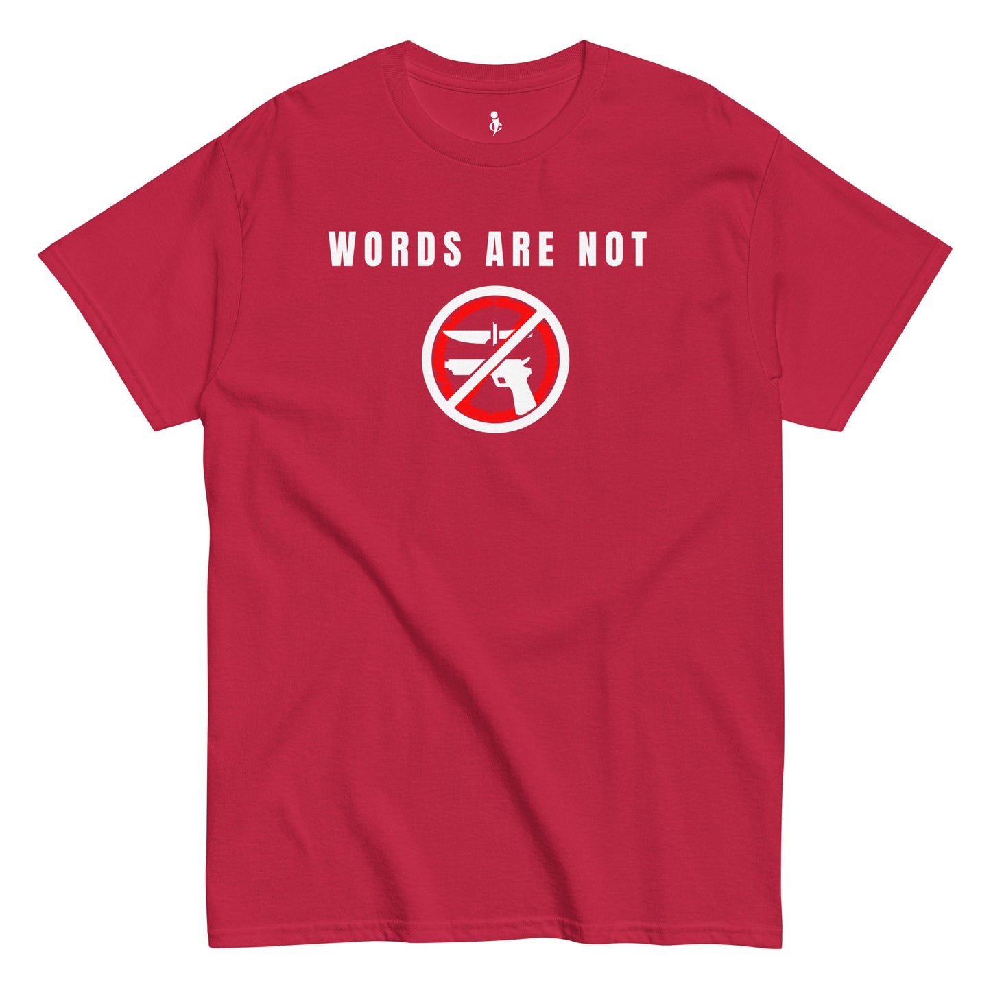 Words Are Not Violence Tee dark pink front view 