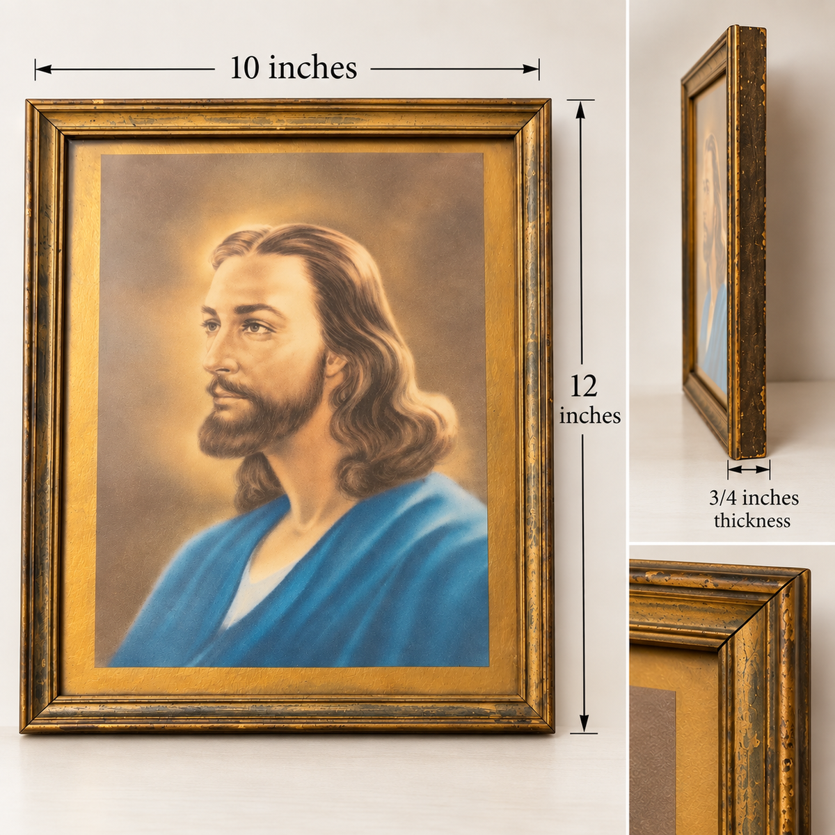 Framed portrait artwork showing Jesus with a gold-toned frame, overlaid with dimension labels indicating 10 inches wide, 12 inches tall, and 3/4 inches thick.