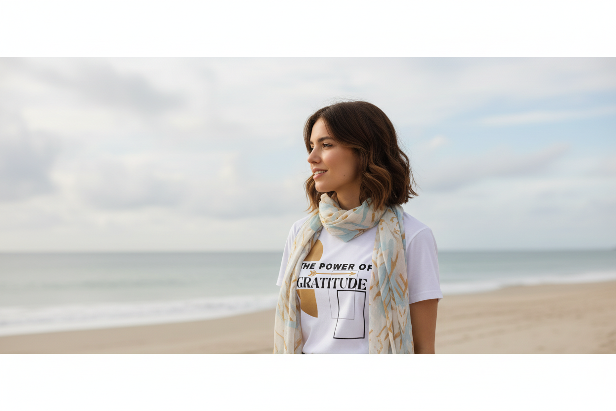 Wide banner with model wearing Power of Gratitude tee